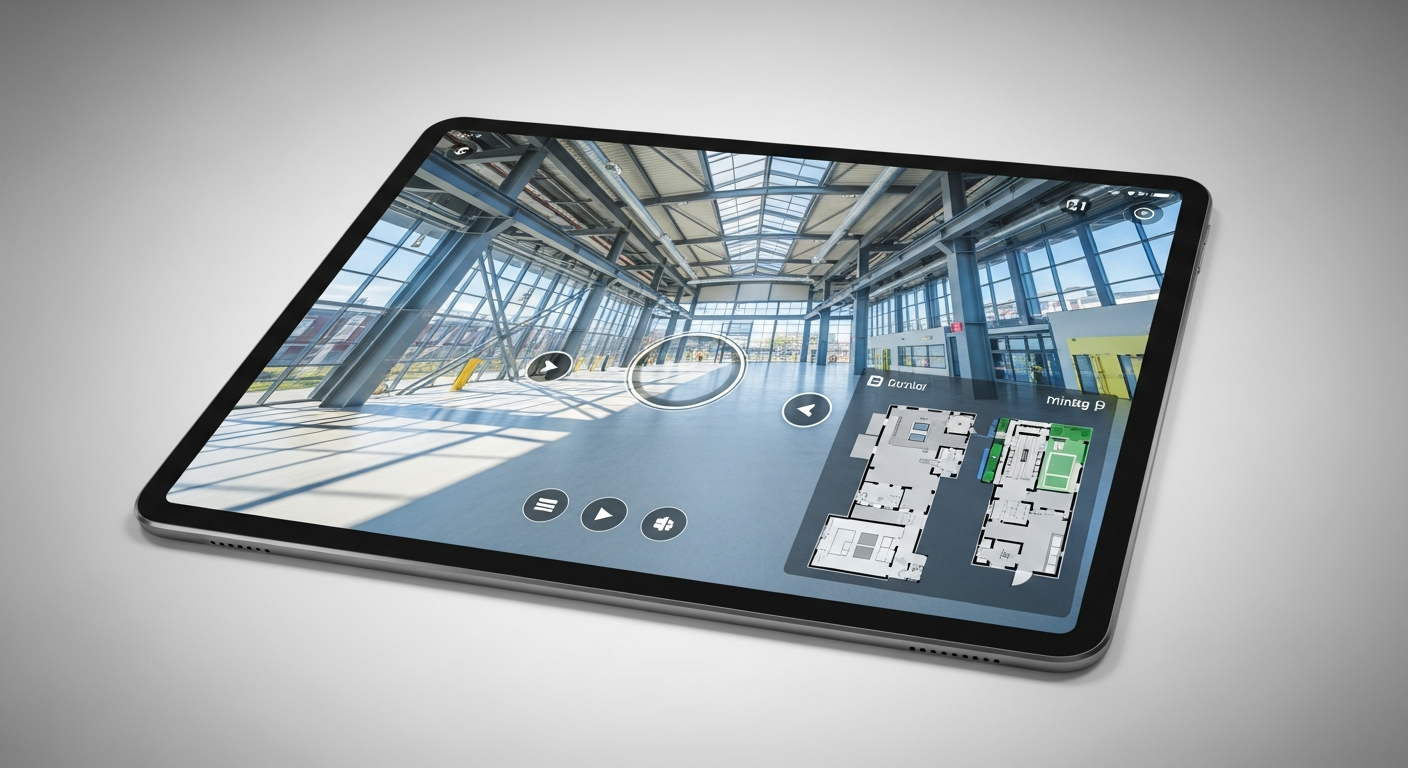 Tablet zeigt 360-Grad-Rundgang mit Navigationspunkten