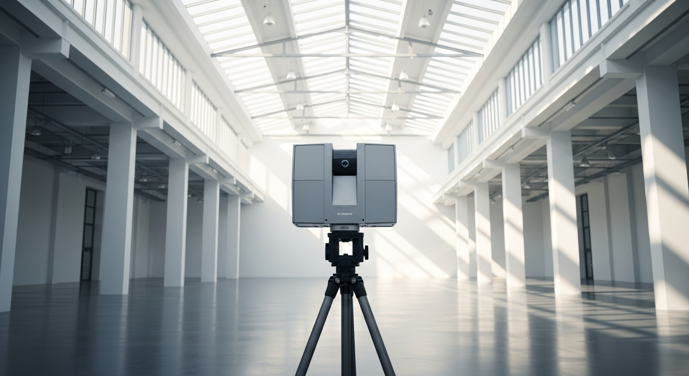 3D Laserscanner in einer hellen Industriehalle